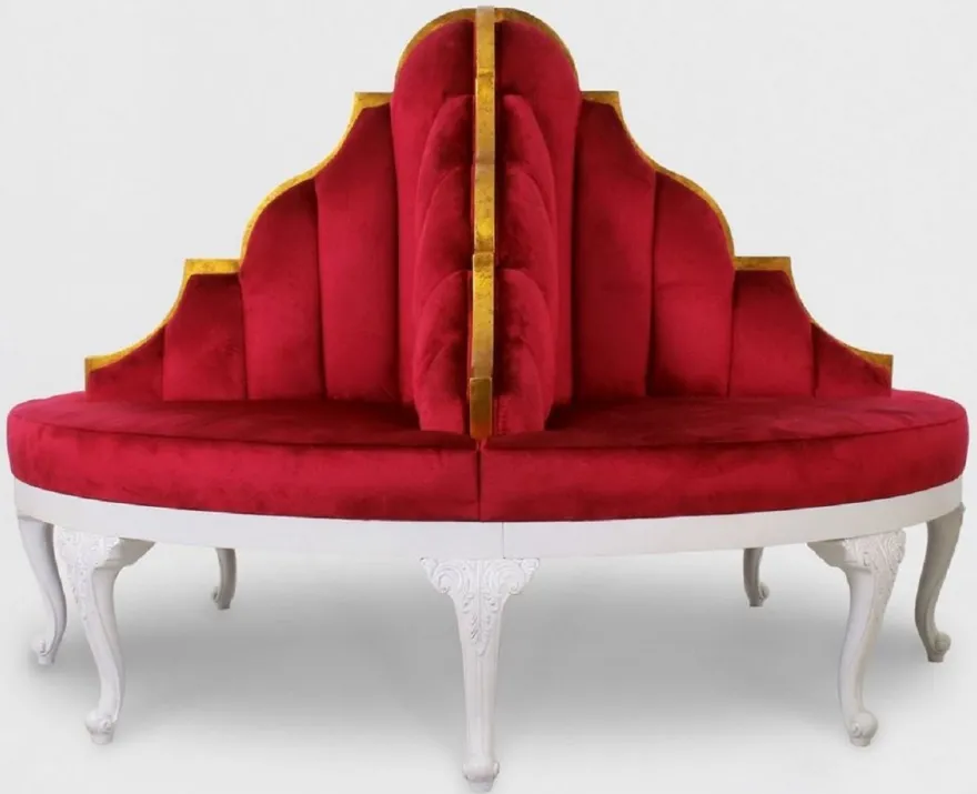 Casa Padrino Luxus Barock Rundsofa Rot / Weiß / Antik Gold - Handgefertigtes rundes Samt Sofa - Barock Hotel & Restaurant Möbel