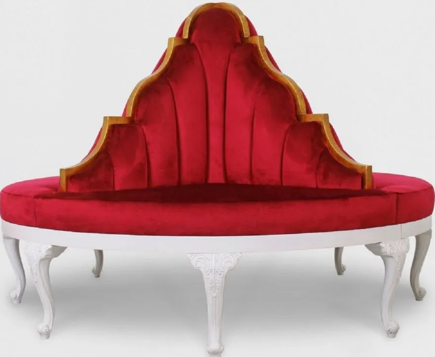 Casa Padrino Luxus Barock Rundsofa Rot / Weiß / Antik Gold - Handgefertigtes rundes Samt Sofa - Barock Hotel & Restaurant Möbel