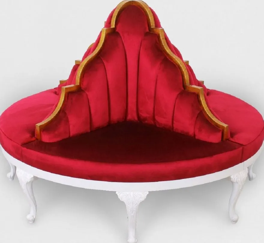 Casa Padrino Luxus Barock Rundsofa Rot / Weiß / Antik Gold - Handgefertigtes rundes Samt Sofa - Barock Hotel & Restaurant Möbel