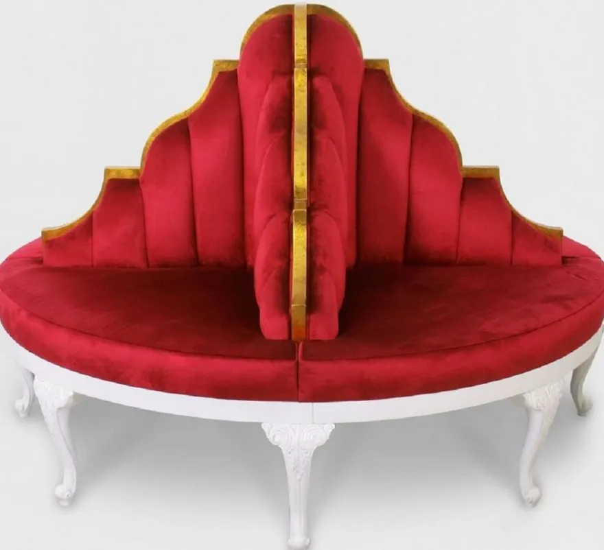 Casa Padrino Luxus Barock Rundsofa Rot / Weiß / Antik Gold - Handgefertigtes rundes Samt Sofa - Barock Hotel & Restaurant Möbel