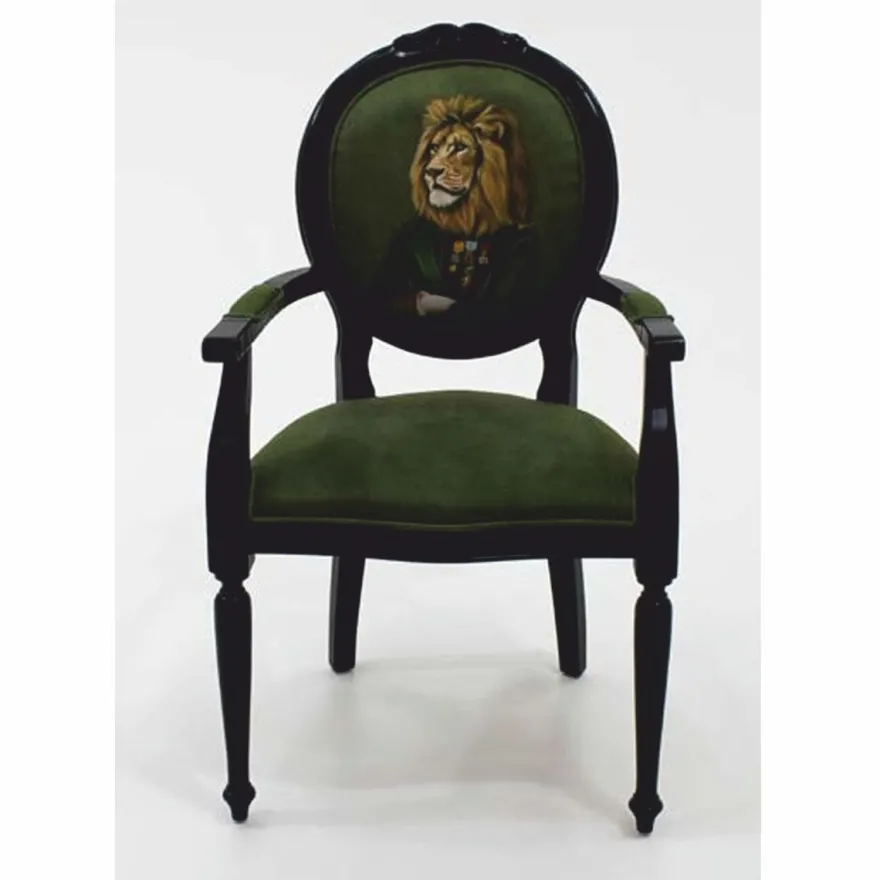 Casa Padrino Luxus Barock Samt Esszimmer Stuhl mit Armlehnen Offizier Löwe Grün / Schwarz