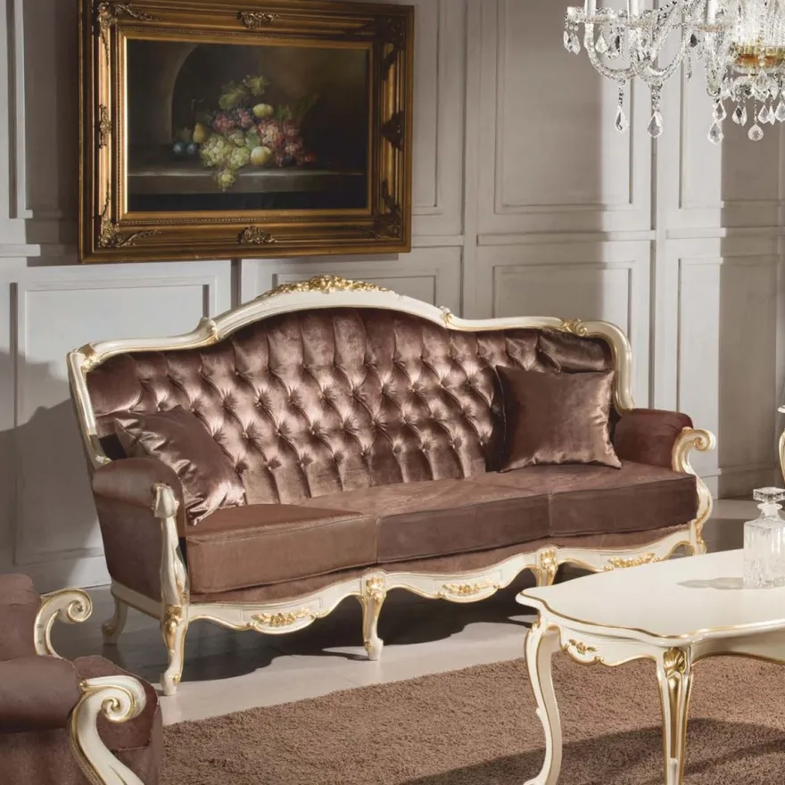 Casa Padrino Luxus Barock Samt Sofa Braun / Weiß / Gold 194 cm - Barock Möbel - Made in Italy