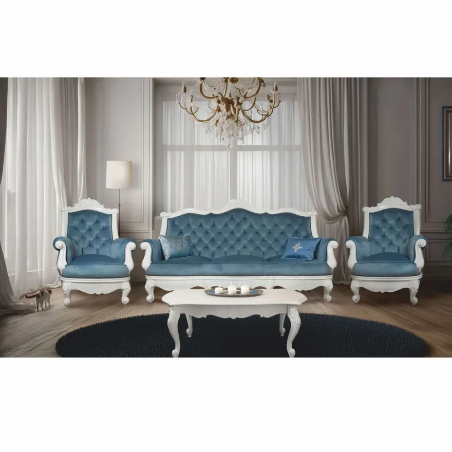 Casa Padrino Luxus Barock Samt Sessel Blau / Weiß - Barock Wohnzimmer Möbel
