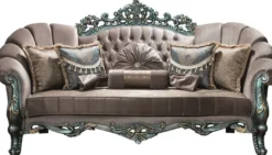 Casa Padrino Luxus Barock Samt Sofa Grau / Grün / Gold 225 x 95 x H. 115 cm - Prunkvolles Wohnzimmer Sofa mit Glitzersteinen und dekorativen Kissen
