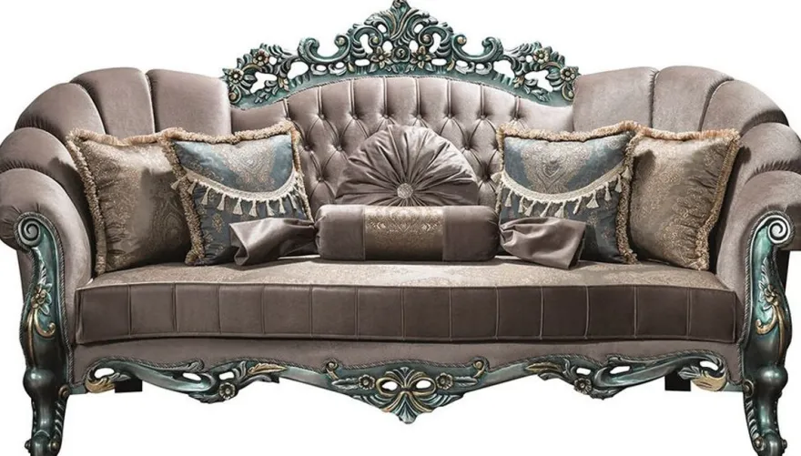 Casa Padrino Luxus Barock Samt Sofa Grau / Grün / Gold 225 x 95 x H. 115 cm - Prunkvolles Wohnzimmer Sofa mit Glitzersteinen und dekorativen Kissen