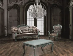Casa Padrino Luxus Barock Samt Sofa Grau / Grün / Gold 225 x 95 x H. 115 cm - Prunkvolles Wohnzimmer Sofa mit Glitzersteinen und dekorativen Kissen