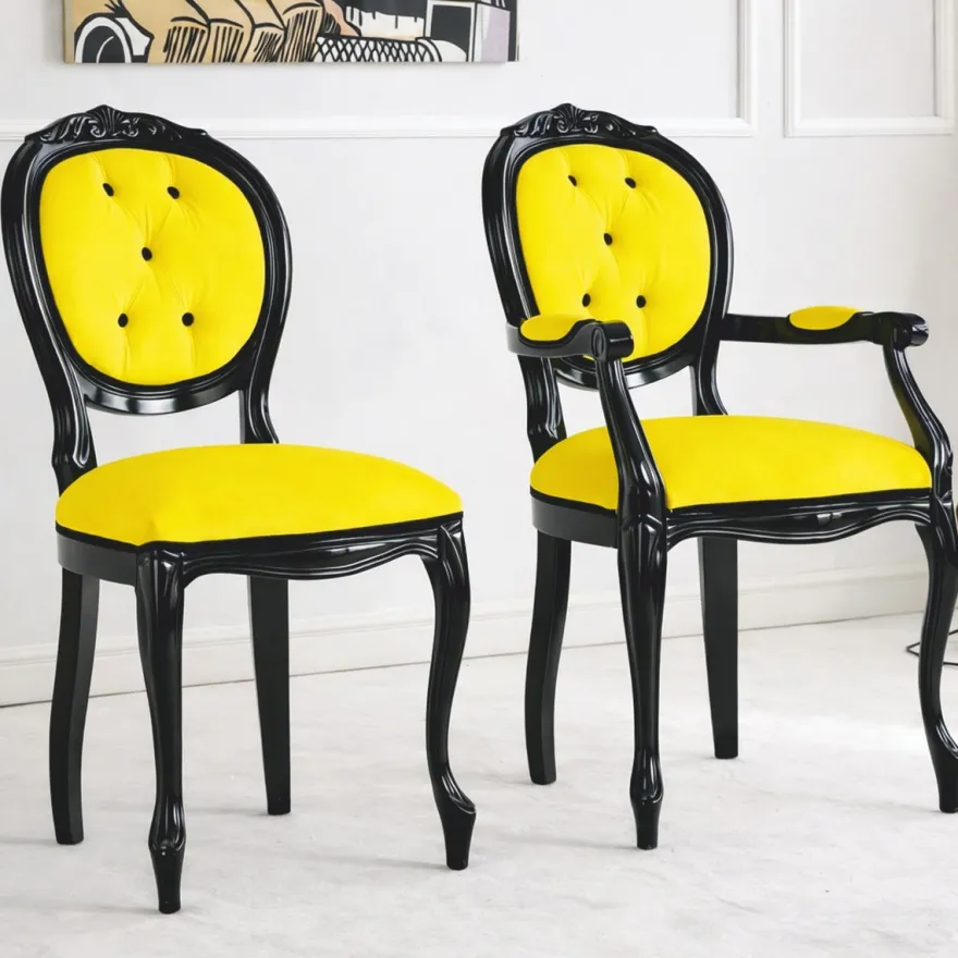 Casa Padrino Luxus Barock Samt Esszimmer Stuhl Gelb / Schwarz H. 100 cm - Made in Italy