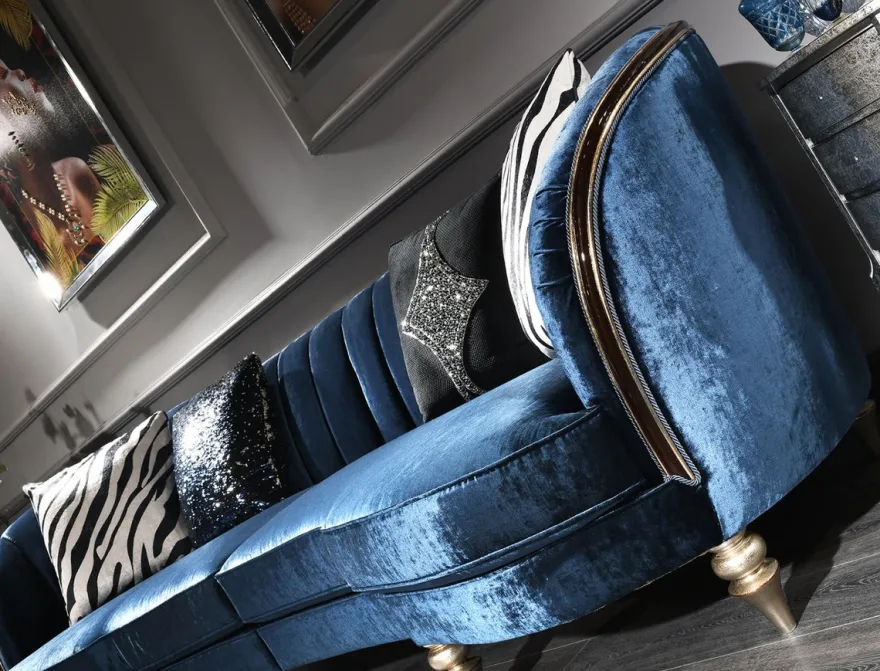Casa Padrino Luxus Barock Samt Sofa Blau / Antik Silber / Dunkelbraun 262 x 104 x H. 80 cm - Barock Möbel