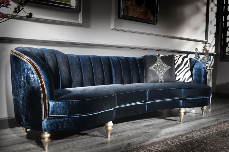 Casa Padrino Luxus Barock Samt Sofa Blau / Antik Silber / Dunkelbraun 262 x 104 x H. 80 cm - Barock Möbel