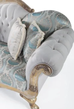 Casa Padrino Luxus Barock Samt Sofa mit Kissen Grau / Türkis / Antik Gold 252 x 82 x H. 115 cm - Wohnzimmer Möbel im Barockstil