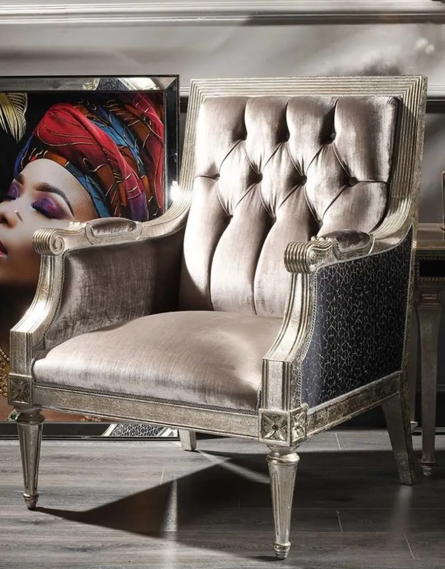 Casa Padrino Luxus Barock Samt Sessel Rosa / Schwarz / Antik Silber 73 x 73 x H. 110 cm - Barock Wohnzimmer Möbel