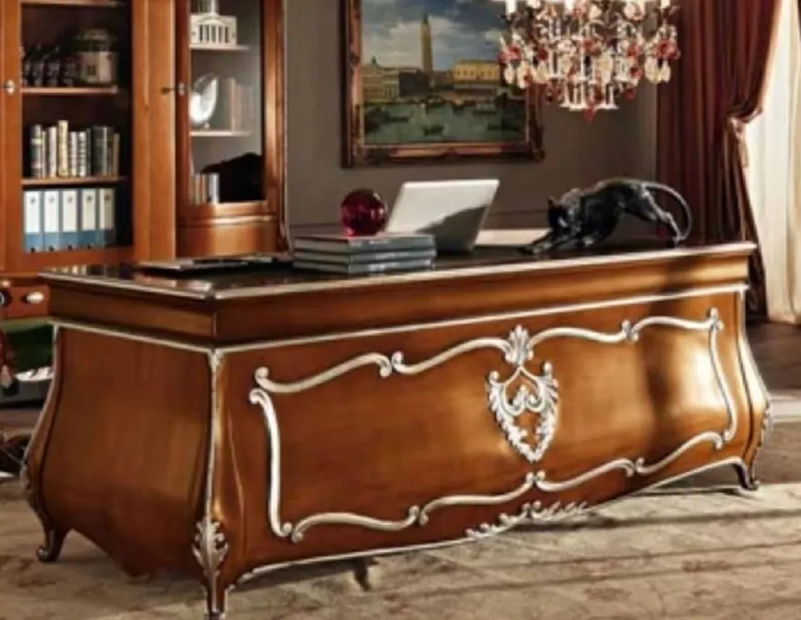 Casa Padrino Luxus Barock Schreibtisch Braun / Silber - Edler Massivholz Bürotisch - Barock Büro Möbel - Luxus Qualität - Made in Italy