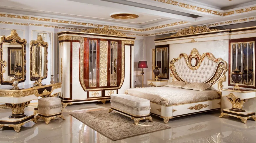 Casa Padrino Luxus Barock Schlafzimmer Set Braun / Weiß / Gold - 1 Barock Schminkkommode & 2 Barock Spiegel & 1 Barock Hocker - Barock Schlafzimmer Möbel - Edel & Prunkvoll