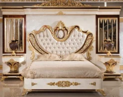 Casa Padrino Luxus Barock Schlafzimmer Set Gold / Weiß / Braun / Gold - 1 Doppelbett mit Kopfteil & 2 Nachtkommoden - Schlafzimmer Möbel im Barockstil - Edel & Prunkvoll