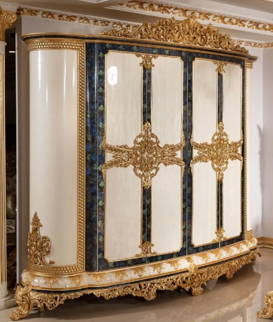 Casa Padrino Luxus Barock Schlafzimmerschrank Weiß / Blau / Gold - Prunkvoller Kleiderschrank im Barockstil - Barock Schlafzimmer & Hotel Möbel - Edel & Prunkvoll