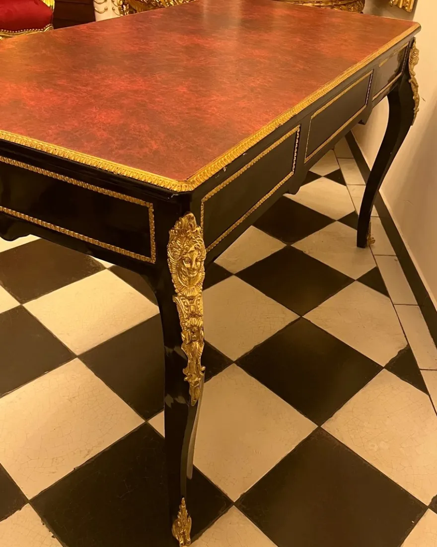 Casa Padrino Luxus Barock Schreibtisch Schwarz / Gold / Bordeaux 143 cm - Barock Sekretär