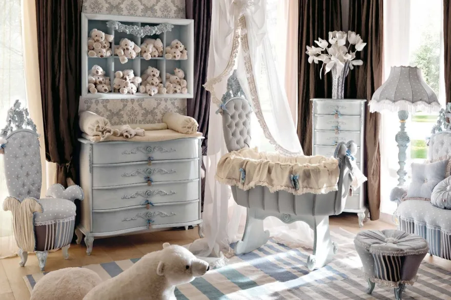 Casa Padrino Luxus Barock Schaukel Babybett Grau / Hellblau - Prunkvolles Massivholz Baby Schaukelbett - Barock Baby Möbel - Erstklassische Qualität - Made in Italy