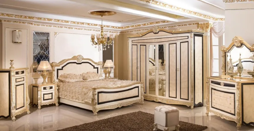 Casa Padrino Luxus Barock Schlafzimmer Set Weiß / Beige / Schwarz / Gold - 1 Barock Doppelbett mit Kopfteil & 2 Barock Nachtkommoden - Luxus Schlafzimmer Möbel im Barockstil - Barock Interior