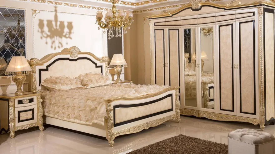 Casa Padrino Luxus Barock Schlafzimmer Set Weiß / Beige / Schwarz / Gold - 1 Barock Doppelbett mit Kopfteil & 2 Barock Nachtkommoden - Luxus Schlafzimmer Möbel im Barockstil - Barock Interior