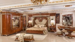 Casa Padrino Luxus Barock Schlafzimmer Set Gold / Braun / Bronzefarben - 1 Doppelbett mit Kopfteil und Rückwand & 2 Nachtkommoden - Schlafzimmer Möbel im Barockstil - Edel & Prunkvoll