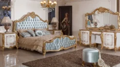 Casa Padrino Luxus Barock Schlafzimmer Set Türkis / Weiß / Braun / Gold - 1 Doppelbett mit Kopfteil & 2 Nachtkommoden - Barock Schlafzimmer Möbel - Luxus Möbel im Barockstil - Edel & Prunkvoll