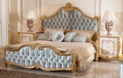 Casa Padrino Luxus Barock Schlafzimmer Set Türkis / Weiß / Braun / Gold - 1 Doppelbett mit Kopfteil & 2 Nachtkommoden - Barock Schlafzimmer Möbel - Luxus Möbel im Barockstil - Edel & Prunkvoll