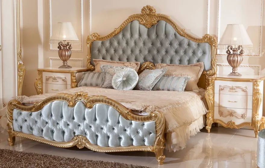 Casa Padrino Luxus Barock Schlafzimmer Set Türkis / Weiß / Braun / Gold - 1 Doppelbett mit Kopfteil & 2 Nachtkommoden - Barock Schlafzimmer Möbel - Luxus Möbel im Barockstil - Edel & Prunkvoll