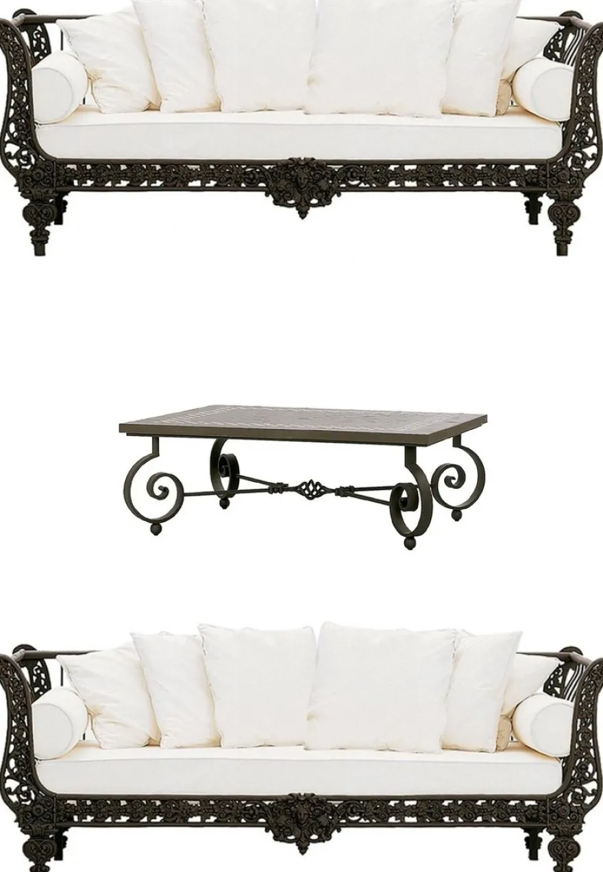 Casa Padrino Luxus Barock Schmiedeeisen Möbel Set Dunkelbraun / Weiß - 2 Luxus Sofas & 1 Luxus Couchtisch - Wohnzimmer Möbel - Garten Möbel - Hotel Möbel - Luxus Barock Möbel