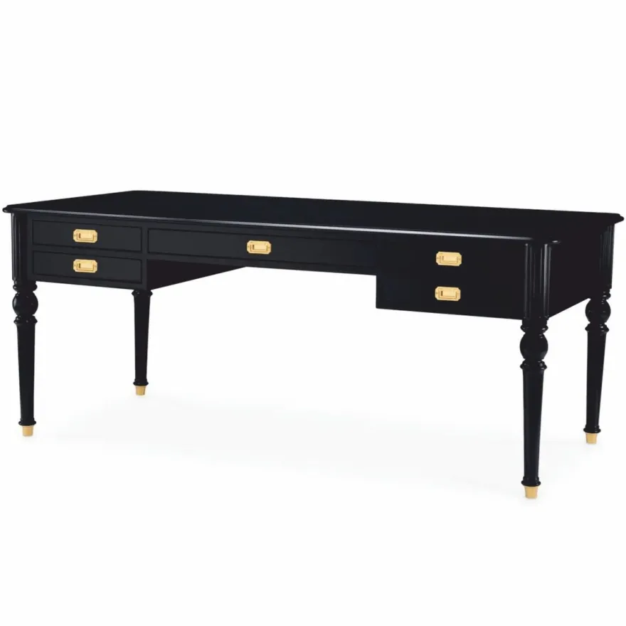 Casa Padrino Luxus Barock Schreibtisch Schwarz / Messing 185 cm - Barock Büro Möbel