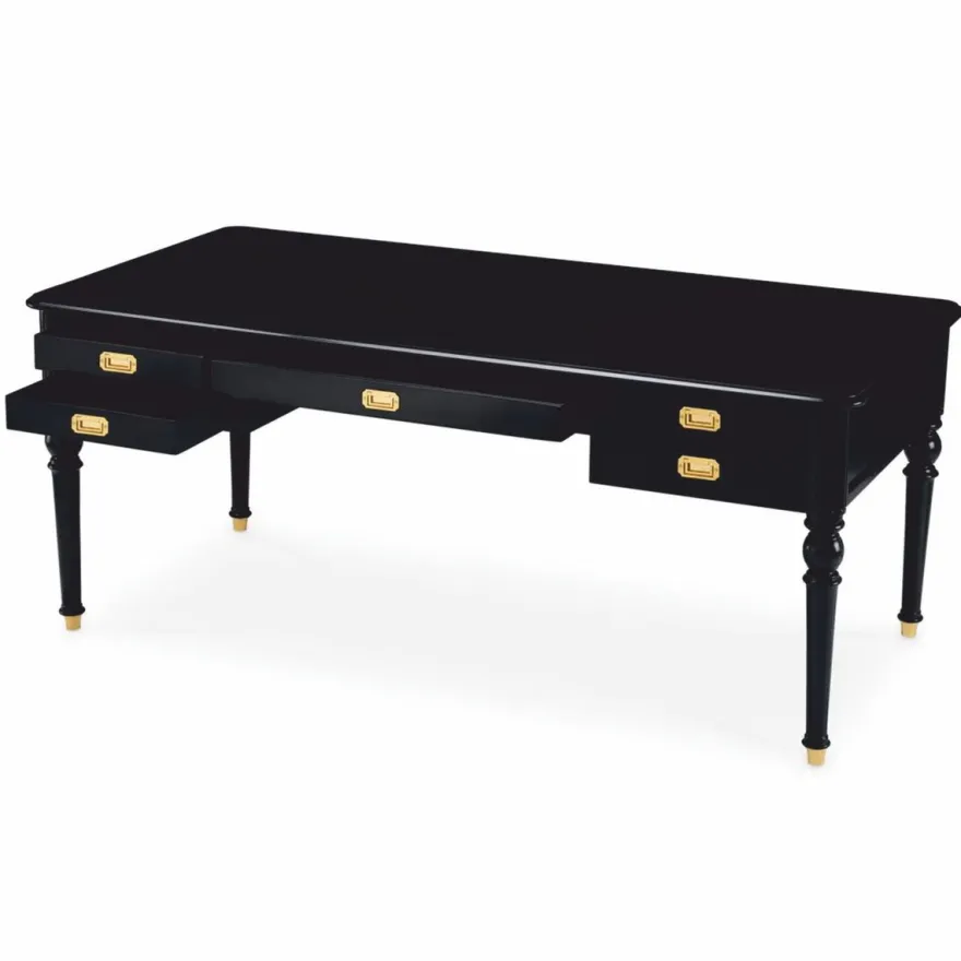 Casa Padrino Luxus Barock Schreibtisch Schwarz / Messing 185 cm - Barock Büro Möbel