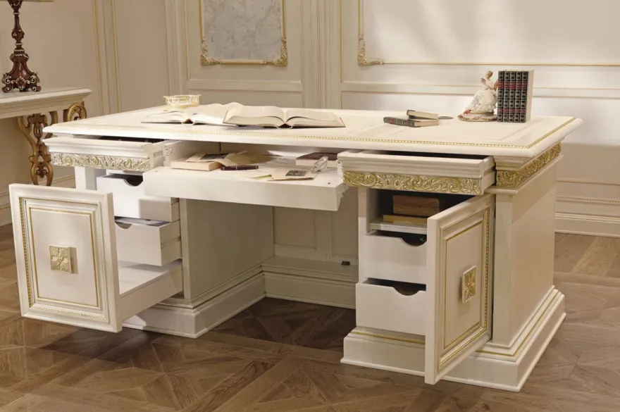 Casa Padrino Luxus Barock Schreibtisch Weiß / Gold 196 cm - Made in Italy