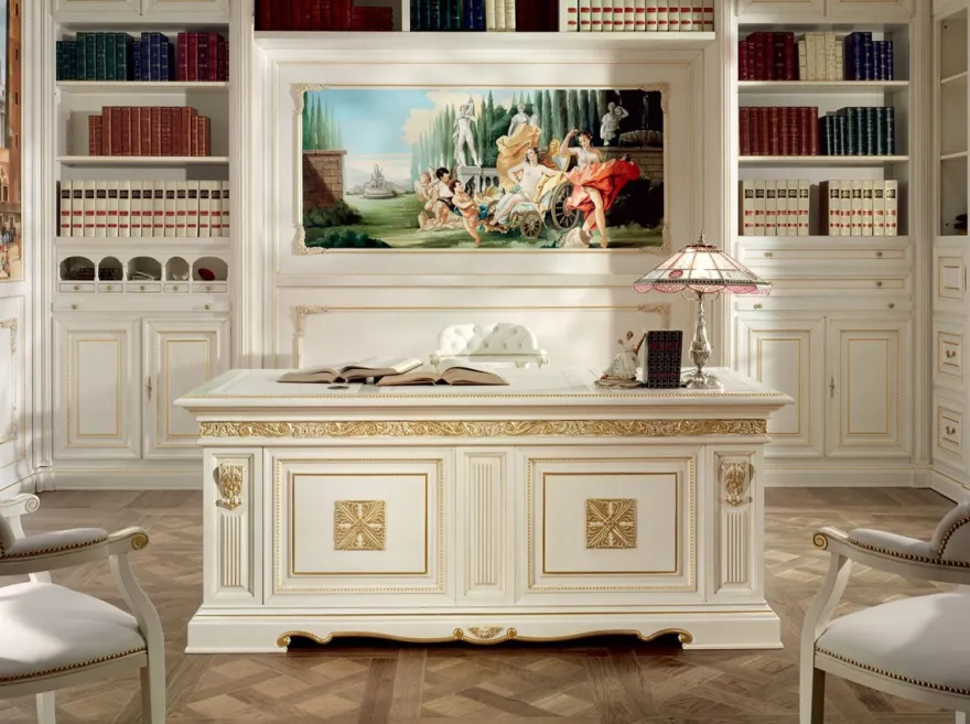 Casa Padrino Luxus Barock Schreibtisch Weiß / Gold 196 cm - Made in Italy