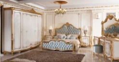 Casa Padrino Luxus Barock Schlafzimmer Set Weiß / Braun / Gold / Türkis - 1 Barock Schminkkommode & 1 Barock Spiegel & 1 Barock Hocker - Barock Schlafzimmer Möbel - Edel & Prunkvoll
