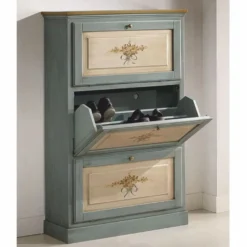 Casa Padrino Luxus Barock Schuhschrank Blau / Naturfarben / Braun H. 130 cm - Made in Italy
