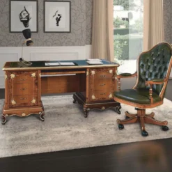Casa Padrino Luxus Barock Schreibtisch Braun / Gold / Grün 180 cm - Made in Italy