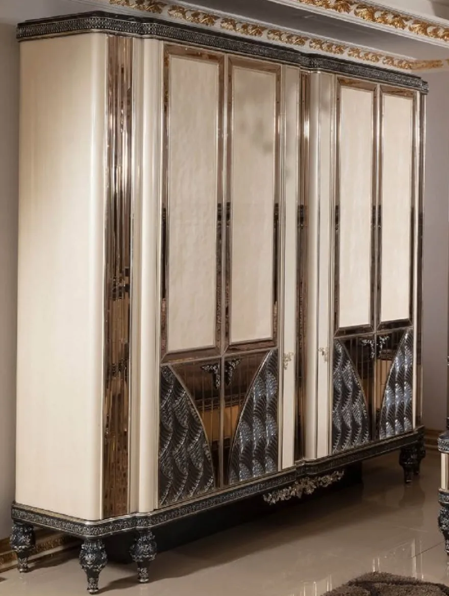 Casa Padrino Luxus Barock Schlafzimmerschrank Beige / Schwarz / Gold - Prunkvoller Massivholz Kleiderschrank im Barockstil - Barock Schlafzimmer & Hotel Möbel - Edel & Prunkvoll