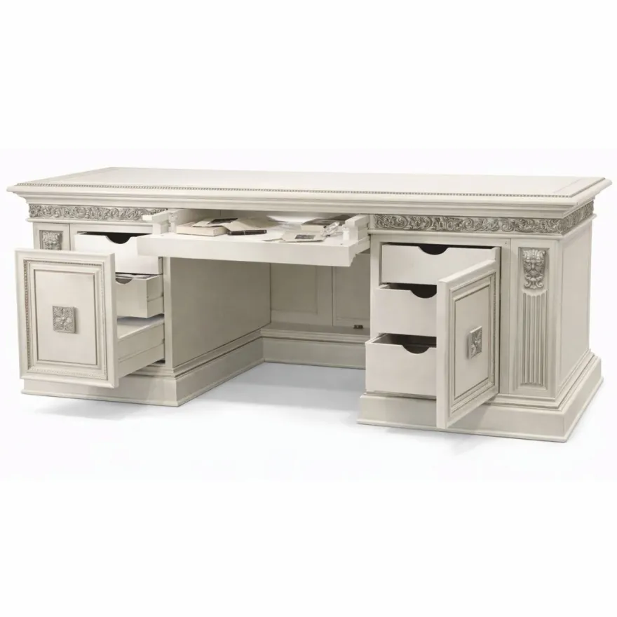 Casa Padrino Luxus Barock Schreibtisch Weiß / Silber 196 cm - Made in Italy