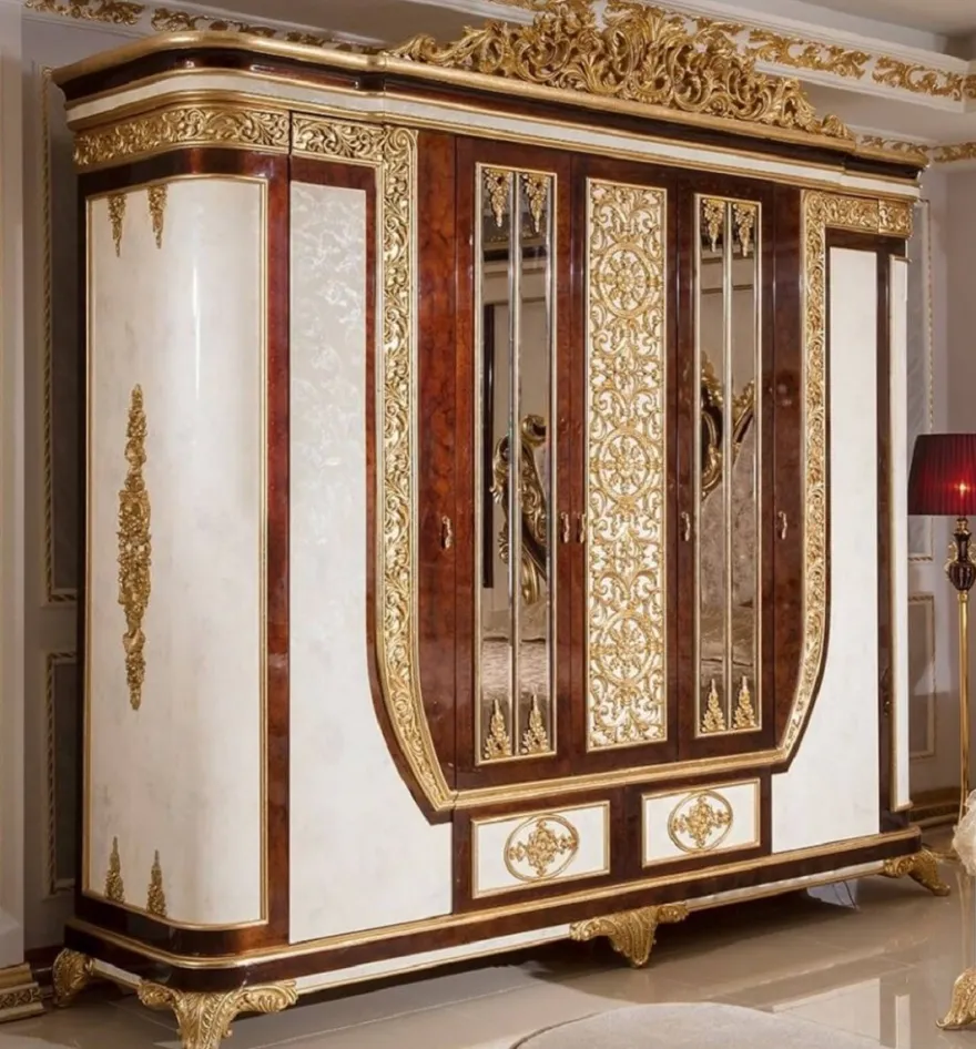 Casa Padrino Luxus Barock Schlafzimmerschrank Weiß / Braun / Gold - Prunkvoller Massivholz Kleiderschrank im Barockstil - Barock Schlafzimmer & Hotel Möbel - Edel & Prunkvoll