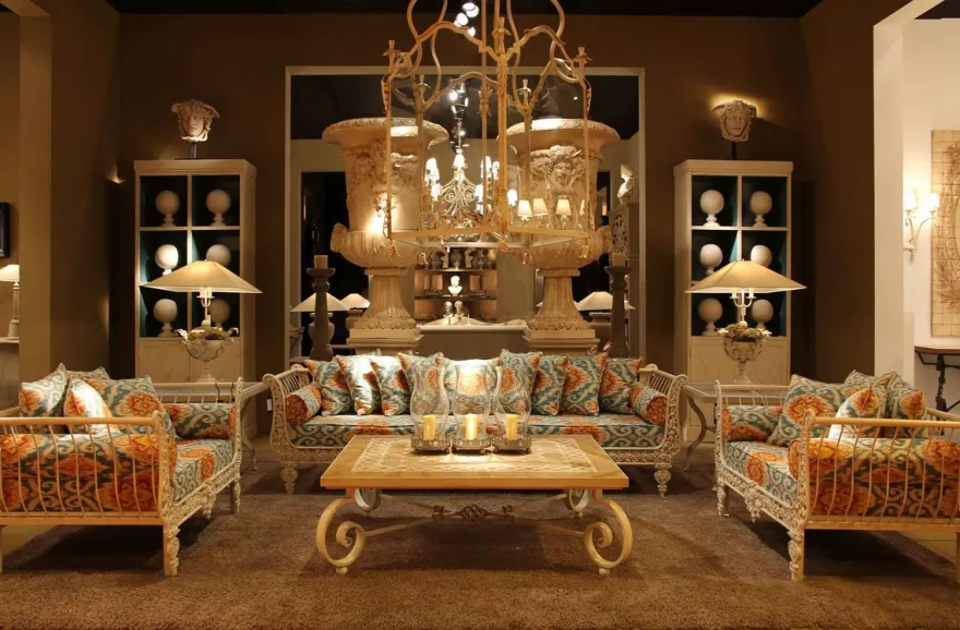 Casa Padrino Luxus Barock Schmiedeeisen Möbel Set Grün / Orange / Weiß - 1 Luxus Sofa & 2 Luxus Sessel & 1 Luxus Couchtisch - Wohnzimmer Möbel - Garten Möbel - Hotel Möbel - Luxus Barock Möbel