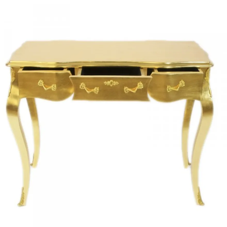 Casa Padrino Luxus Barock Schreibtisch Konsole in Gold mit 3 Schubladen und Glasplatte 97 x 78 x 48 cm