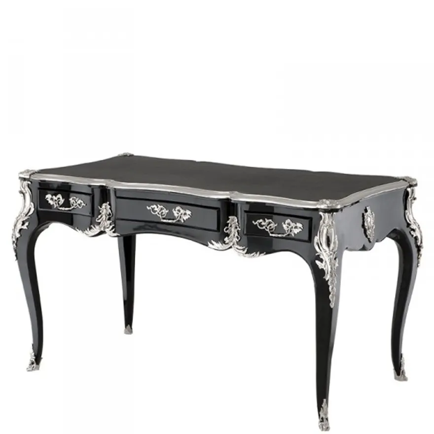 Casa Padrino Luxus Barock Schreibtisch in Hochglanz Schwarz mit Silber Applikationen - 140 x 80 x 81 cm