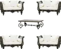 Casa Padrino Luxus Barock Schmiedeeisen Möbel Set Dunkelbraun / Weiß - 4 Luxus Sessel & 1 Luxus Couchtisch - Wohnzimmer Möbel - Garten Möbel - Hotel Möbel - Luxus Barock Möbel