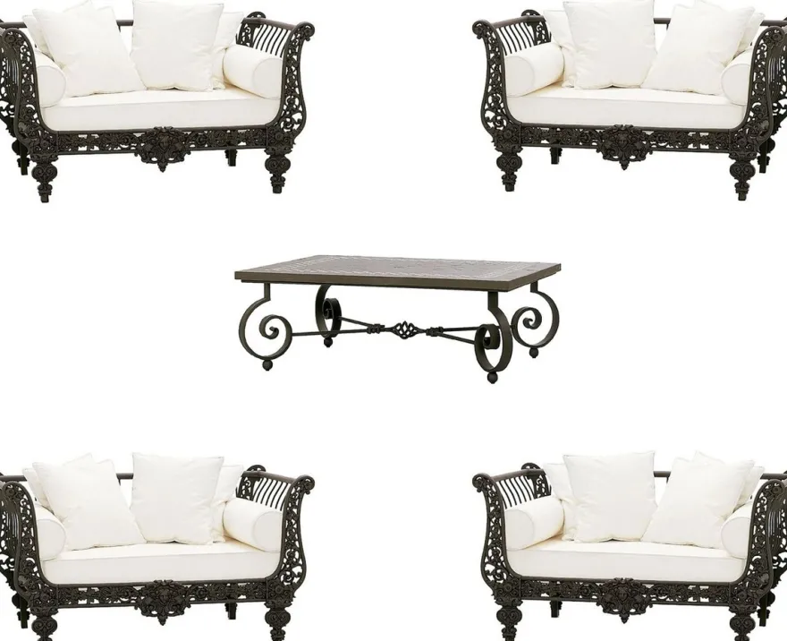 Casa Padrino Luxus Barock Schmiedeeisen Möbel Set Dunkelbraun / Weiß - 4 Luxus Sessel & 1 Luxus Couchtisch - Wohnzimmer Möbel - Garten Möbel - Hotel Möbel - Luxus Barock Möbel