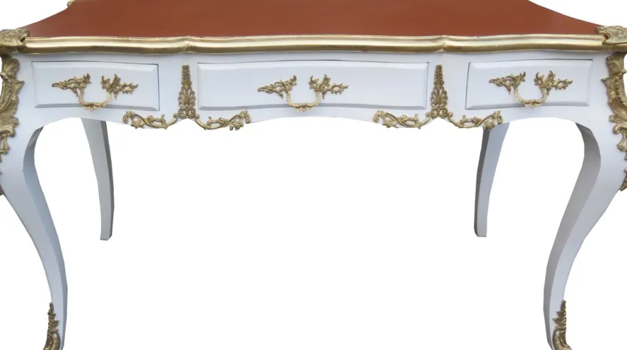 Casa Padrino Luxus Barock Schreibtisch Sekretär in Weiss Gold und Apricot mit 3 Schubladen - 141 x 65 x 80 cm
