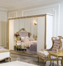 Casa Padrino Luxus Barock Schlafzimmerschrank Weiß / Gold 270 x 70 x H. 224 cm - Edler Massivholz Kleiderschrank - Schlafzimmer Möbel im Barockstil - Luxus Qualität