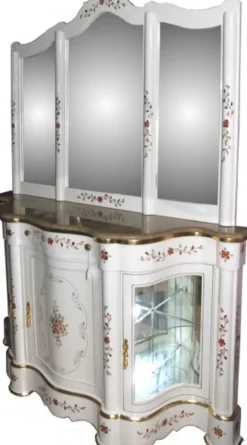 Casa Padrino Luxus Barock Schrank mit Spiegelkonsole Weiß Handbemalt mit Blumenmotiven - 161 x 218 x 46 cm