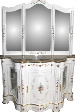 Casa Padrino Luxus Barock Schrank mit Spiegelkonsole Weiß Handbemalt mit Blumenmotiven - 161 x 218 x 46 cm