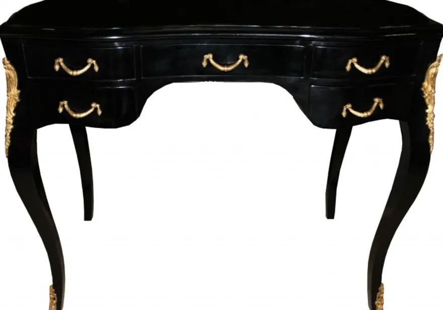 Casa Padrino Luxus Barock Schreibtisch in Schwarz Hochglanz und Gold, 100 x 58 x 80 cm, handgefertigter Sekretär
