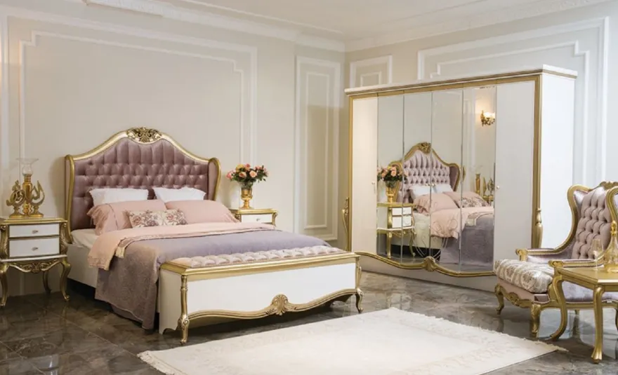 Casa Padrino Luxus Barock Schlafzimmer Set Lila / Rosa / Weiß / Gold - 1 Doppelbett mit Kopfteil & 2 Nachttische - Barock Schlafzimmer Möbel - Edel & Prunkvoll