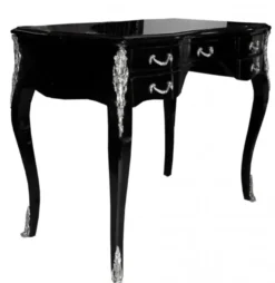 Casa Padrino Luxus Barock Schreibtisch in Schwarz Hochglanz und Silber, 100 x 58 x 80 cm, handgefertigter Sekretär